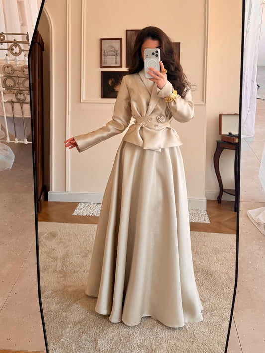 Satin Two-Piece Evening Skirt Set with 3D Flower Belt