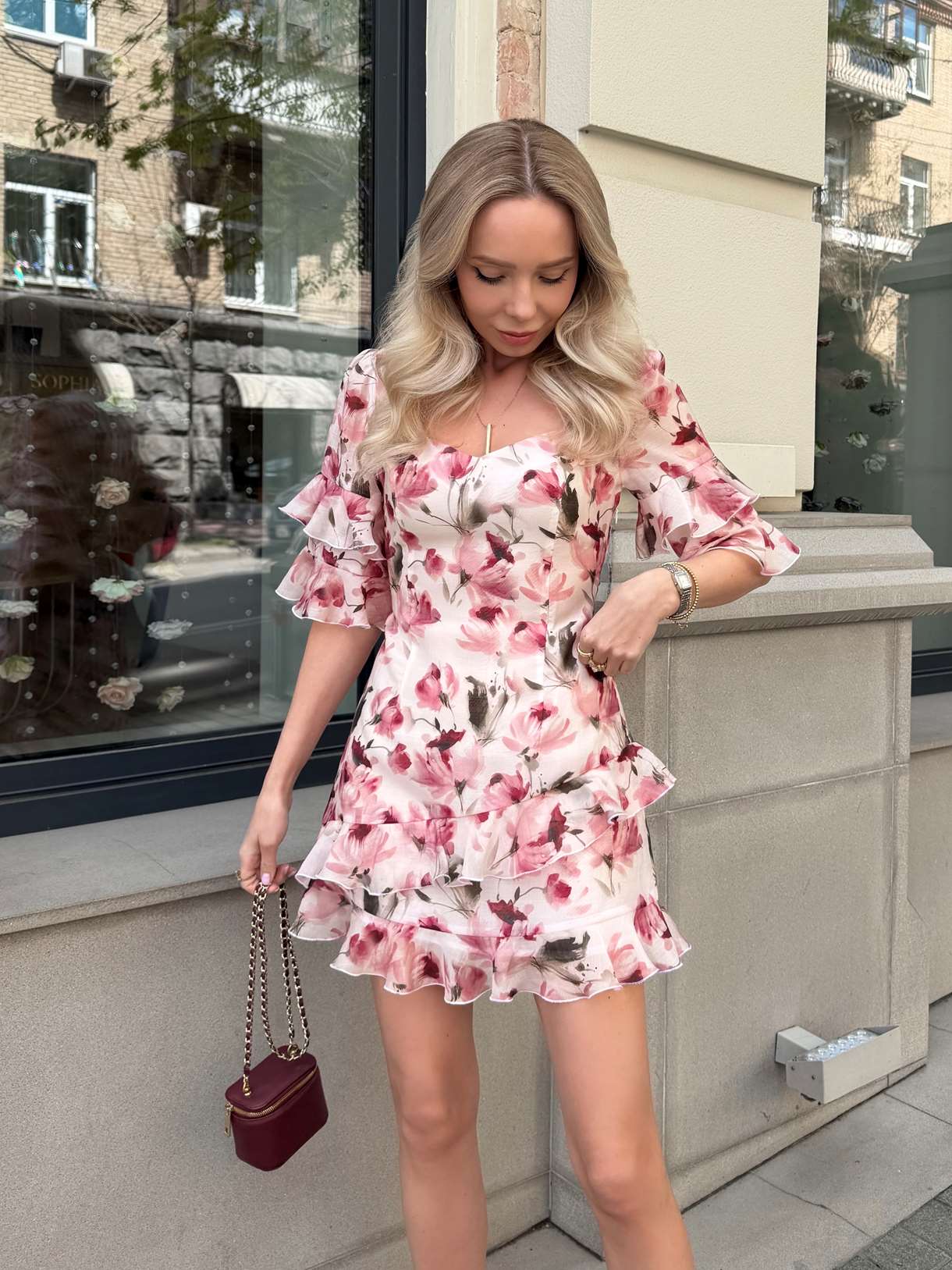 Sweetheart Tiered Ruffle Floral Mini Dress