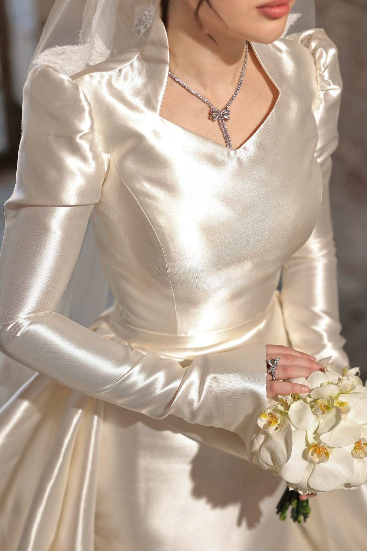 Long Sleeve Satin Wedding Dress with Stand Collar
