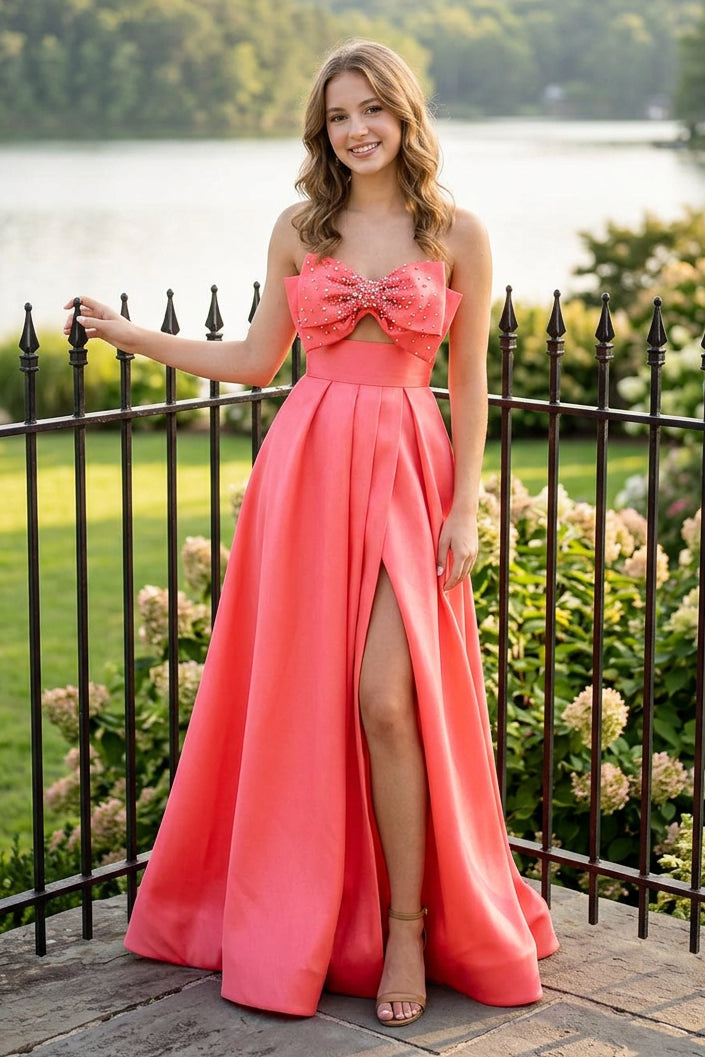 Strapless Bow Cutout Ball Gown with Slit
