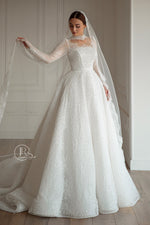 Long Sleeve Beaded Lace Ball Gown Wedding Dress
