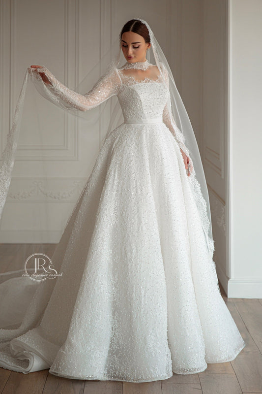 Long Sleeve Beaded Lace Ball Gown Wedding Dress