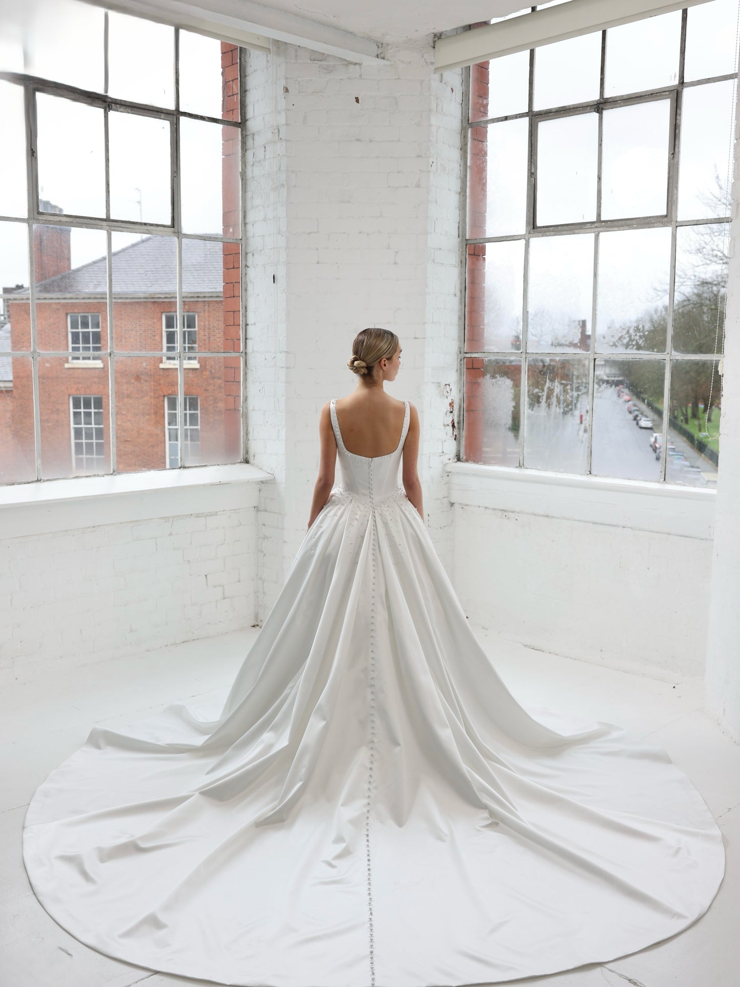 Pearl-Embellished Satin Ball Gown Wedding Dress