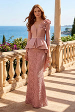 Peplum Evening Gown with 3D Flower and Lace Skirt