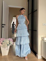 Shimmer Pleated Halter Tiered Gown