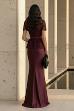 High Neck Lace Peplum Satin Gown
