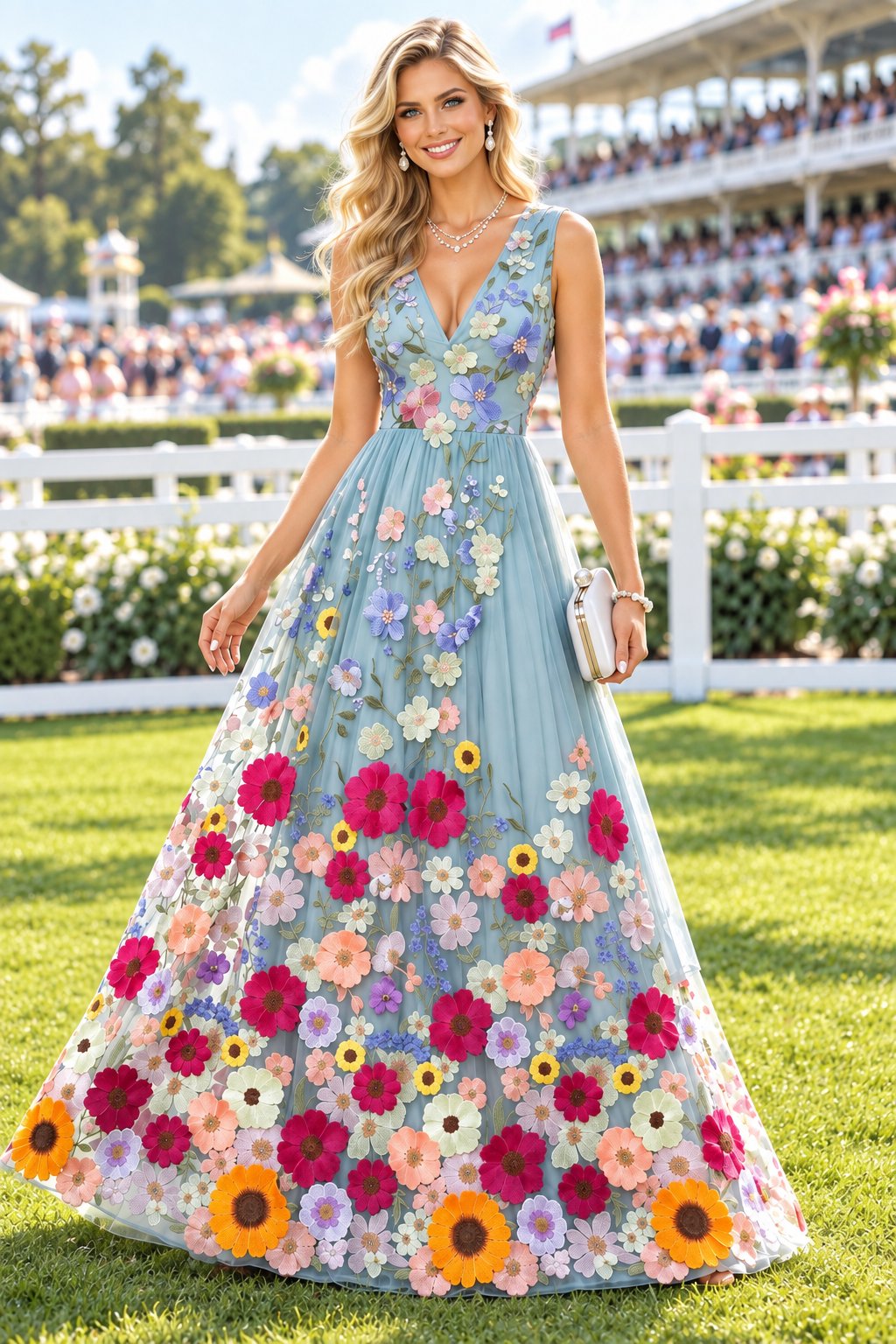 Floral Embroidered V-Neck Tulle Maxi Dress