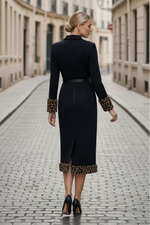Collared Midi Blazer Dress with Leopard Trim