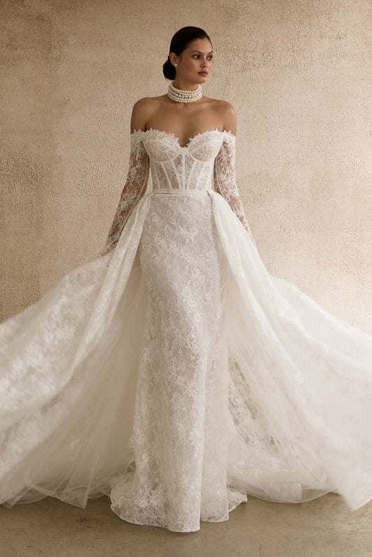 Off-the-Shoulder Lace Mermaid Dress with Overskirt