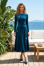Floral Applique Long Sleeve Velvet Midi Dress
