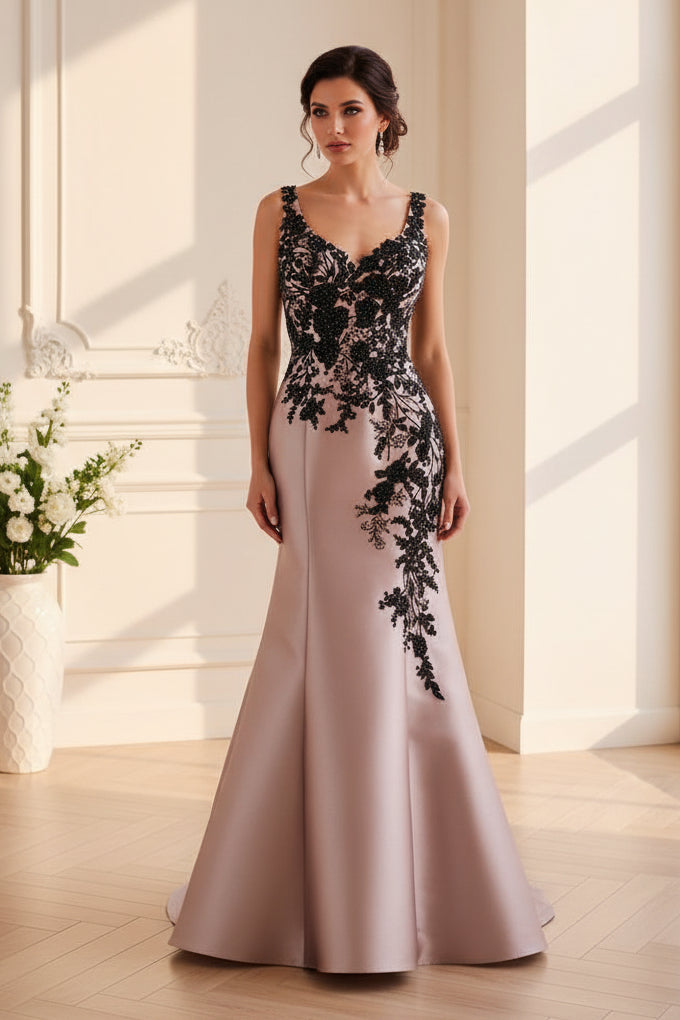 Beaded Lace Applique Satin Trumpet Evening Gown