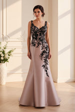 Beaded Lace Applique Satin Trumpet Evening Gown