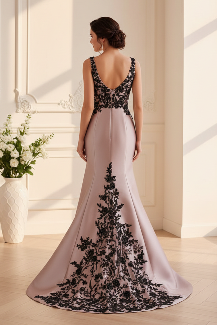 Beaded Lace Applique Satin Trumpet Evening Gown