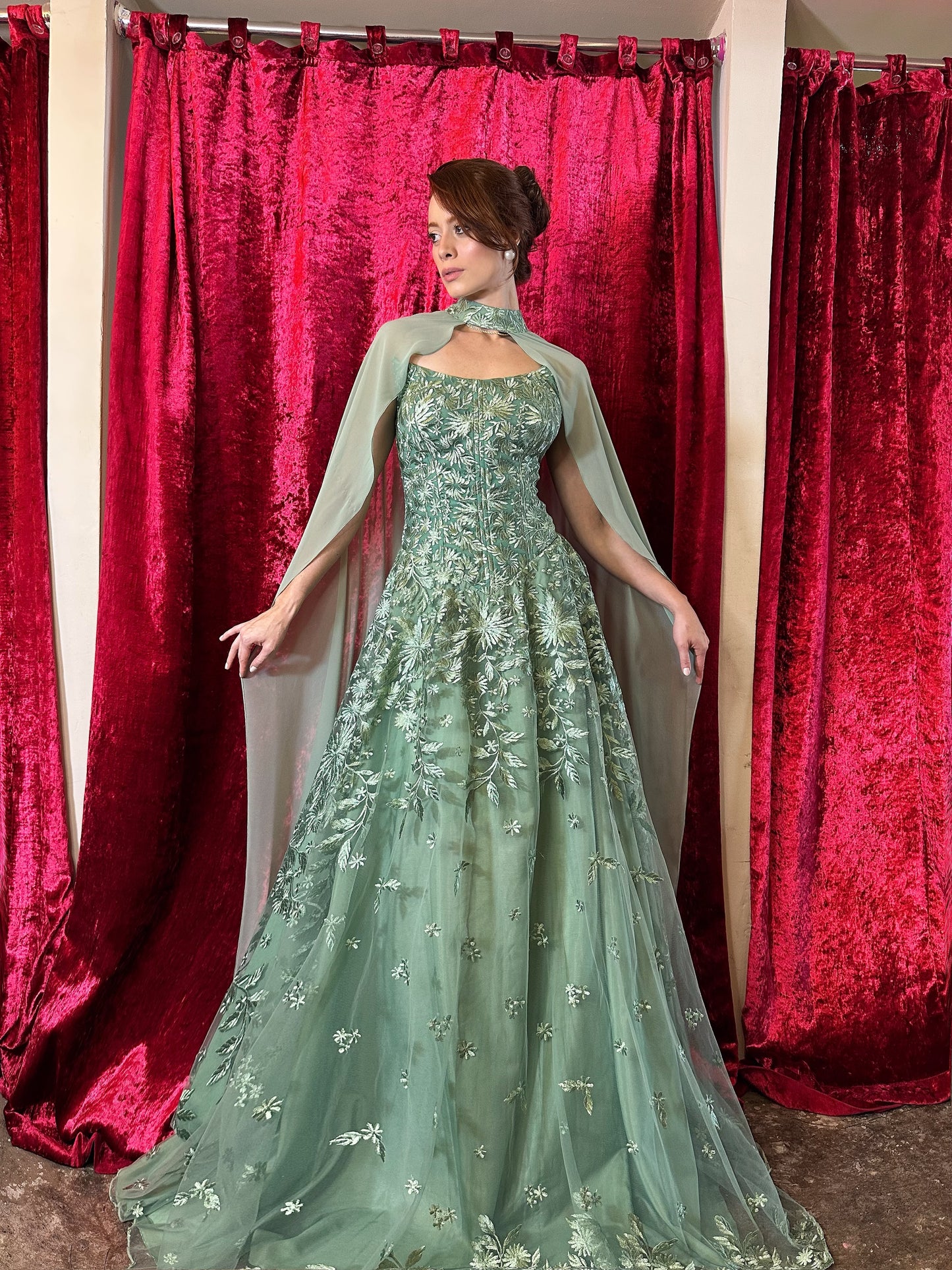 Embroidered Tulle A-Line Gown with Cape