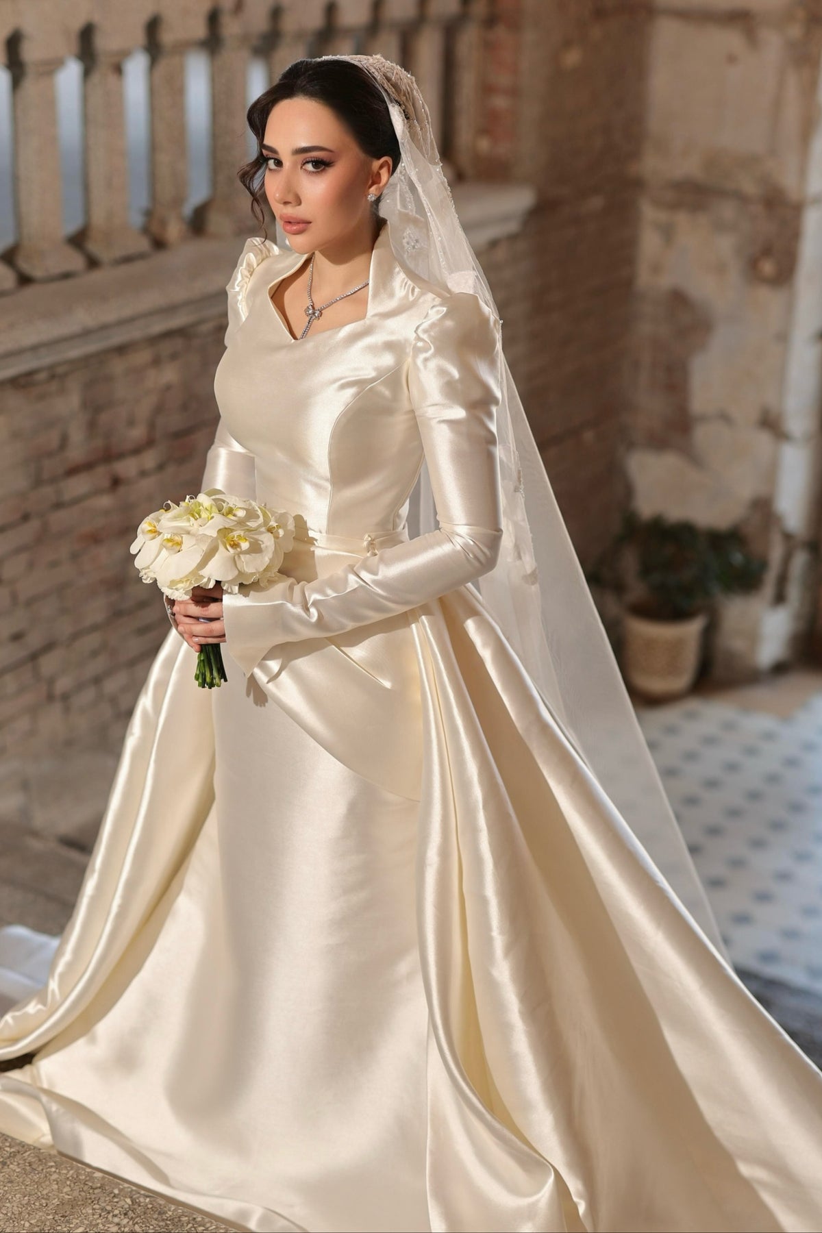 Long Sleeve Satin Wedding Dress with Stand Collar