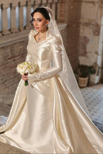 Long Sleeve Satin Wedding Dress with Stand Collar