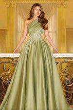 One-Shoulder Pleated Ball Gown with Beadwork