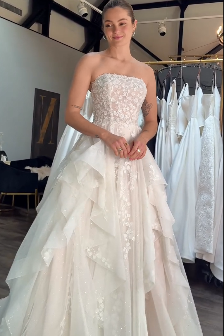 Strapless Floral Lace Tiered Ball Gown Wedding Dress