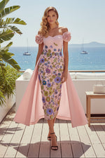 Off-Shoulder Floral Embroidered Tea-Length Dress with Cape