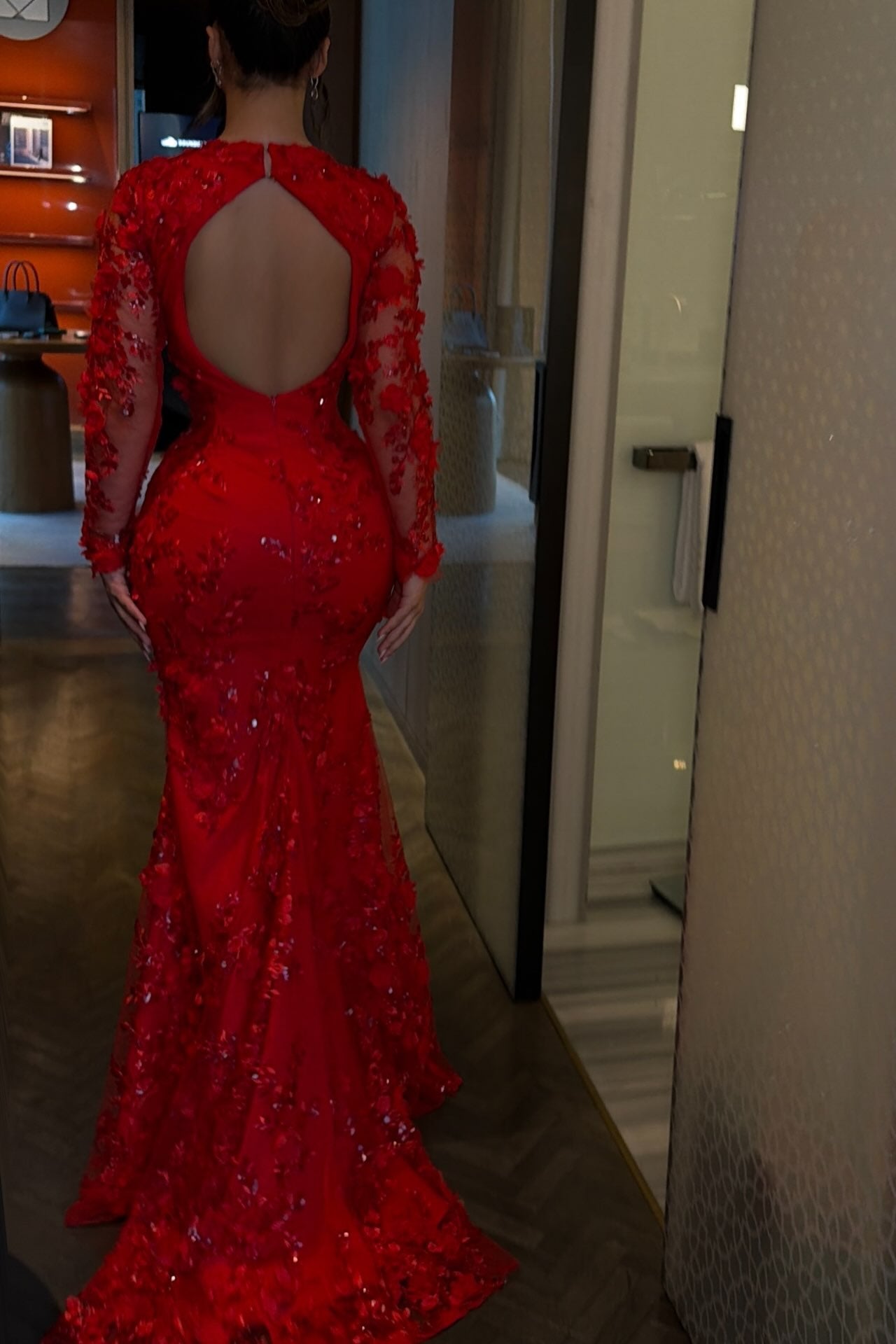 Floral Lace Applique Long Sleeve Mermaid Evening Gown
