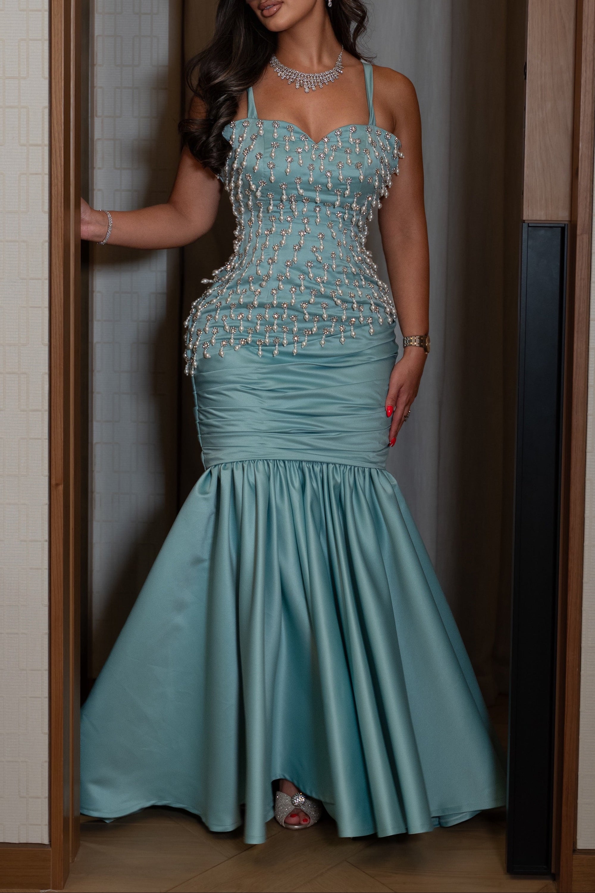 Beaded Pearl Fringe Mermaid Evening Gown