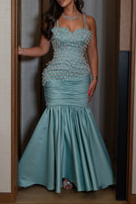 Beaded Pearl Fringe Mermaid Evening Gown