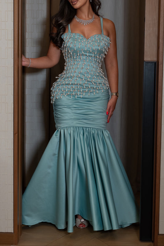 Beaded Pearl Fringe Mermaid Evening Gown
