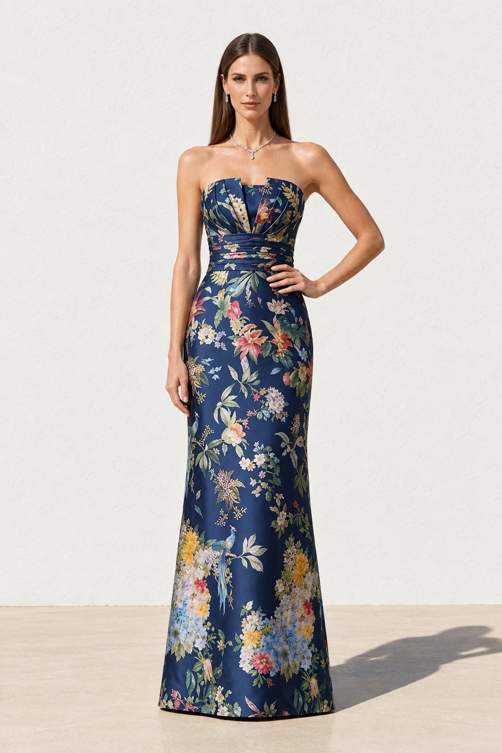 Strapless Floral Print Pleated Maxi Gown