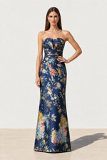 Strapless Floral Print Pleated Maxi Gown
