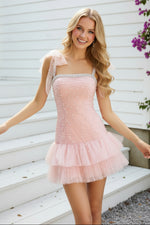Pearl-Embellished Tiered Tulle Mini Dress