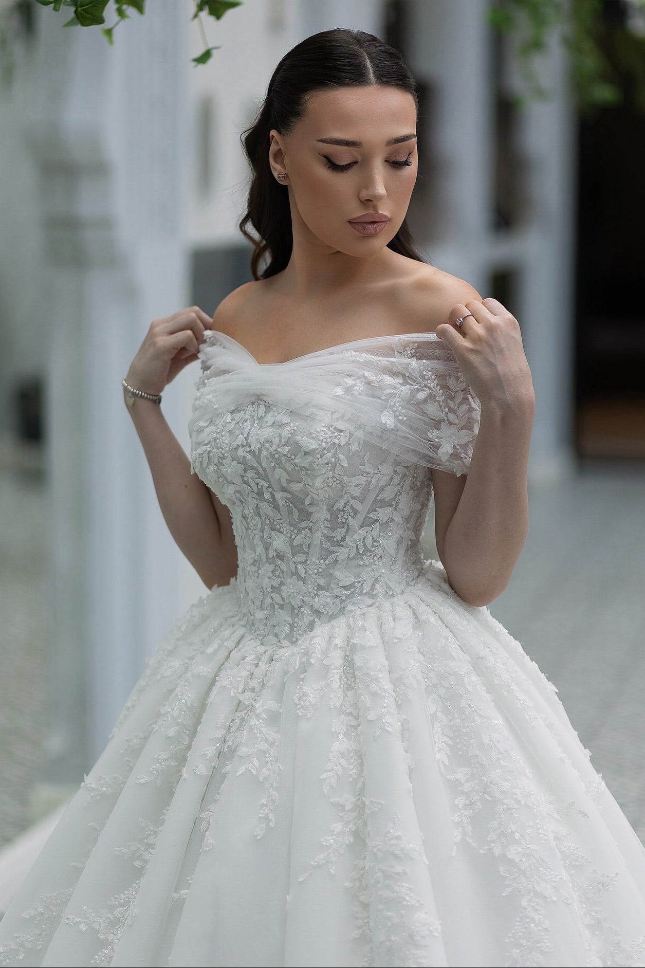 Off-The-Shoulder Lace Ball Gown Wedding Dress