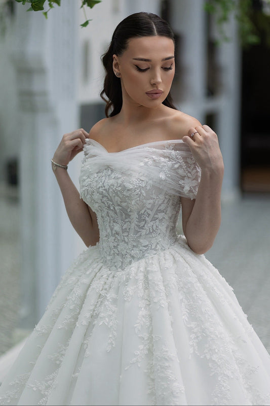 Off-The-Shoulder Lace Ball Gown Wedding Dress