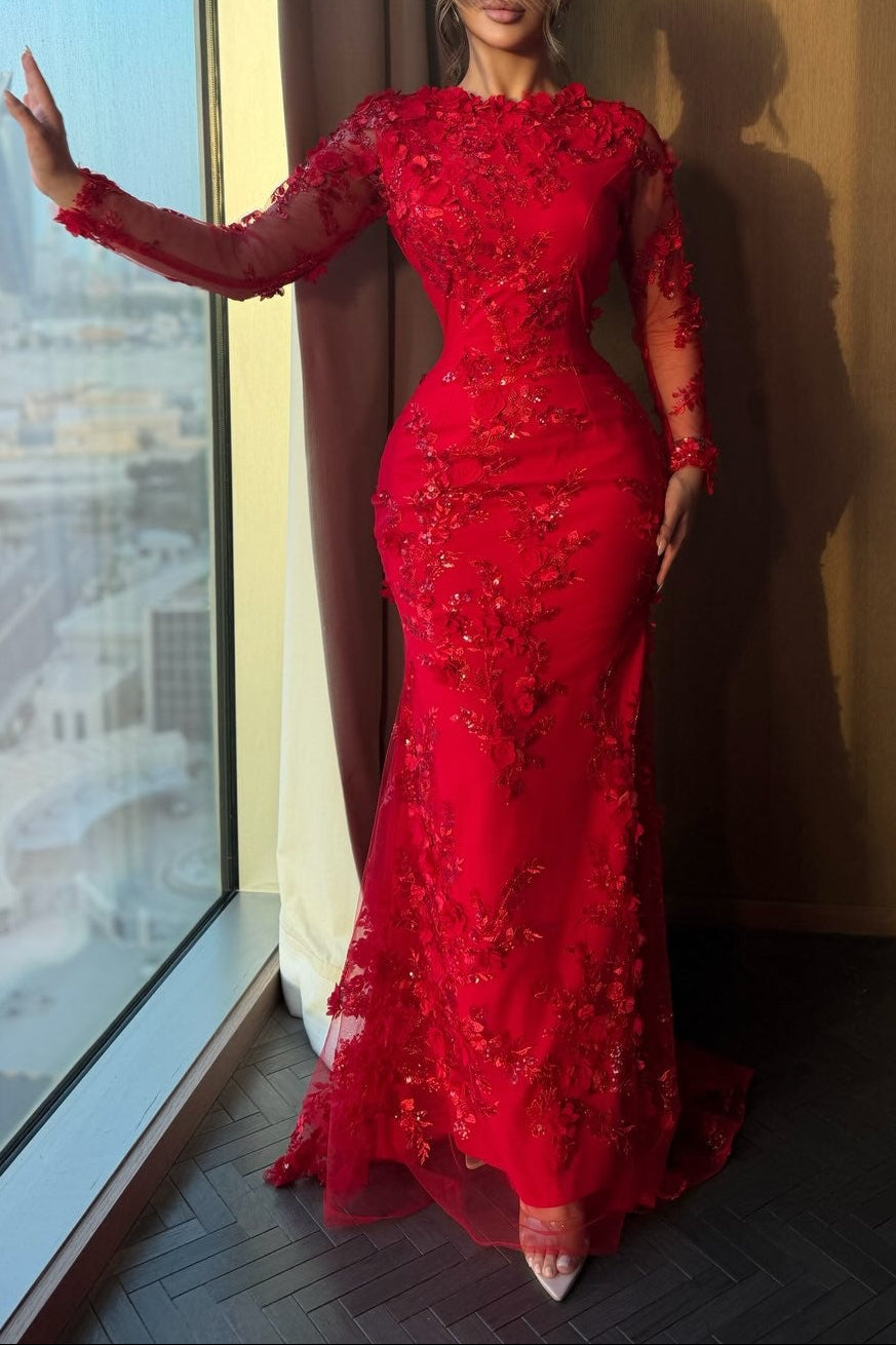 Floral Lace Applique Long Sleeve Mermaid Evening Gown