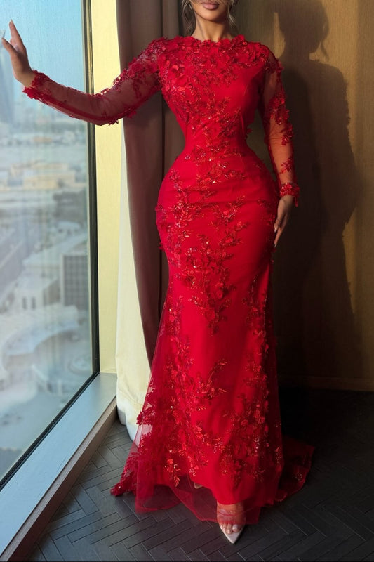Floral Lace Applique Long Sleeve Mermaid Evening Gown