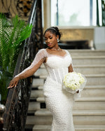 Long Sleeve Pearl Mermaid Wedding Dress with Overskirt