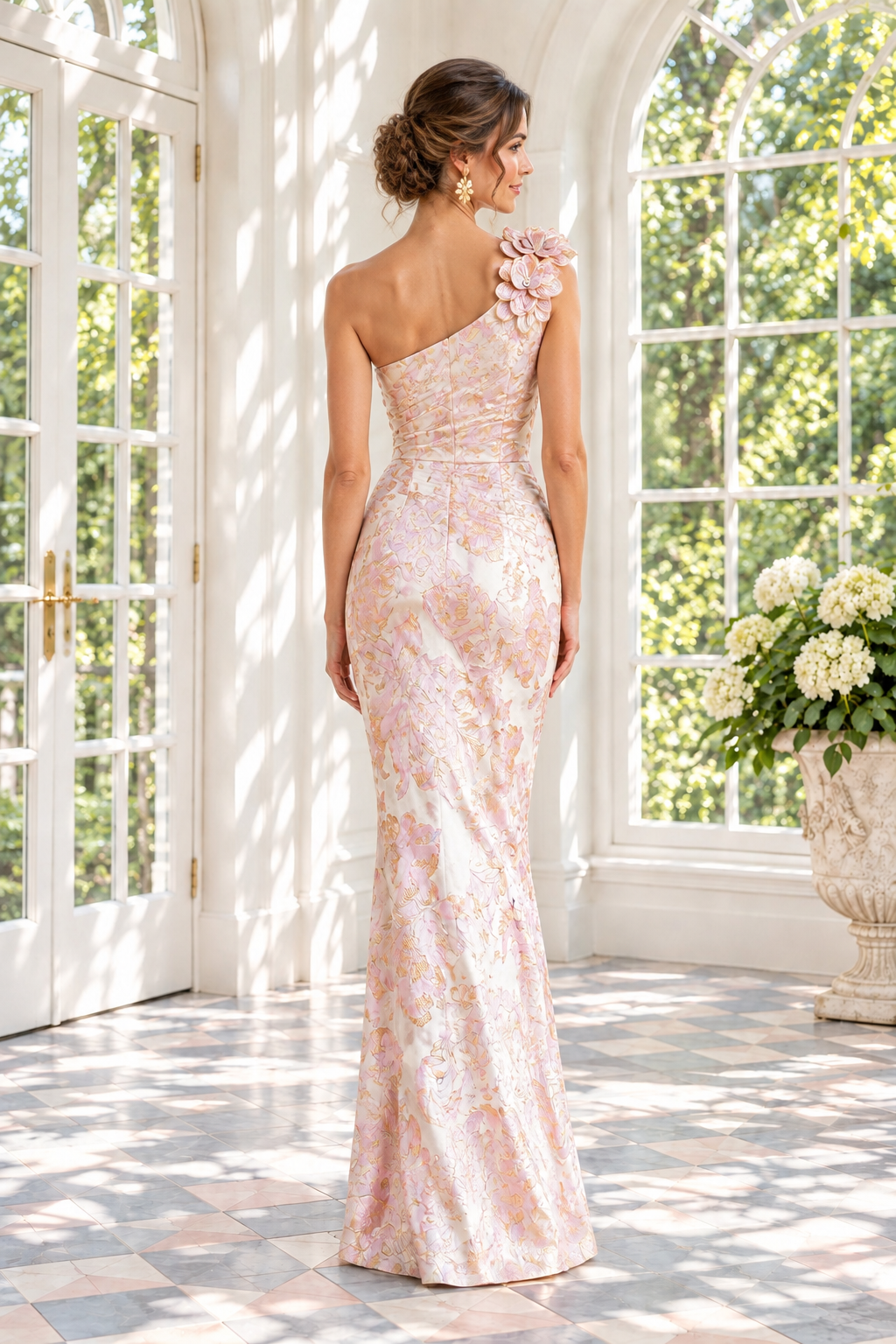 One-Shoulder Floral Jacquard Gown with 3D Flowers
