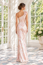 One-Shoulder Floral Jacquard Gown with 3D Flowers