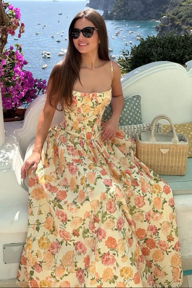 Floral Corset Lace-Up Maxi Dress