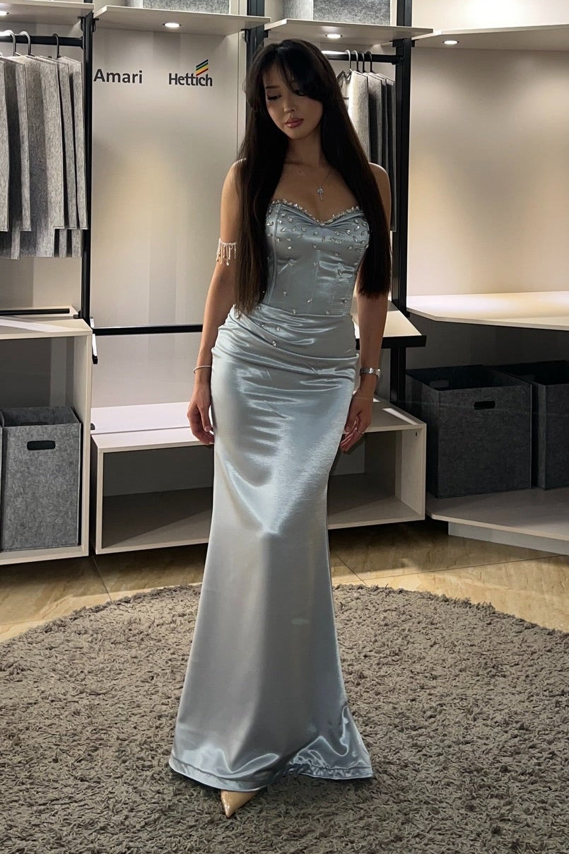Beaded Fringe Corset Satin Evening Gown