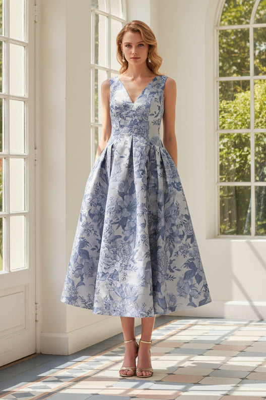 Floral Jacquard V-Neck Midi Dress with Pockets