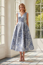 Floral Jacquard V-Neck Midi Dress with Pockets