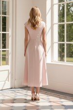 V-Neck Cap Sleeve Midi Dress with Floral Applique