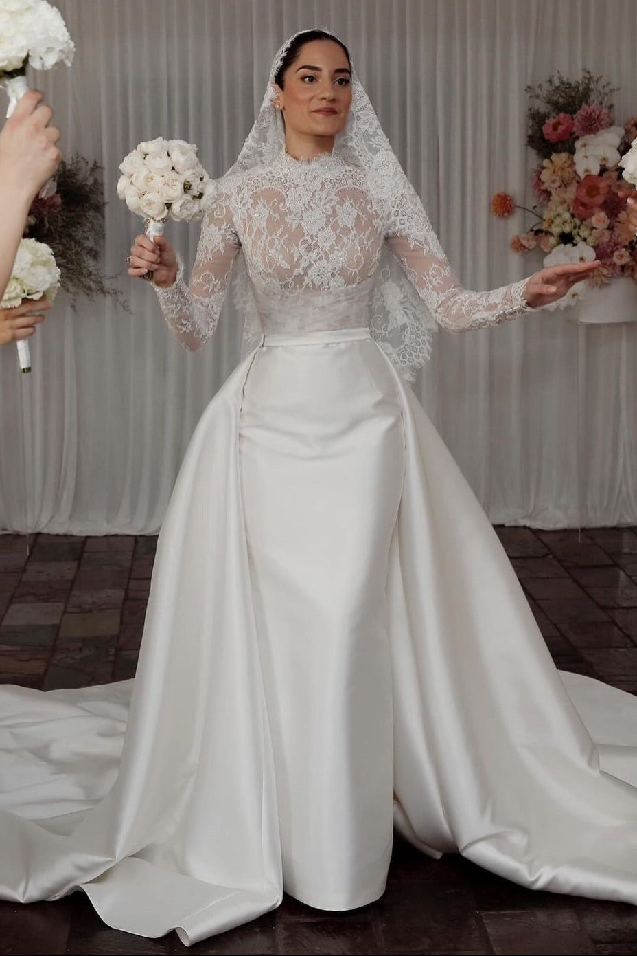 High-Neck Lace Wedding Dress with Detachable Overskirt