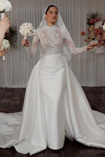 High-Neck Lace Wedding Dress with Detachable Overskirt