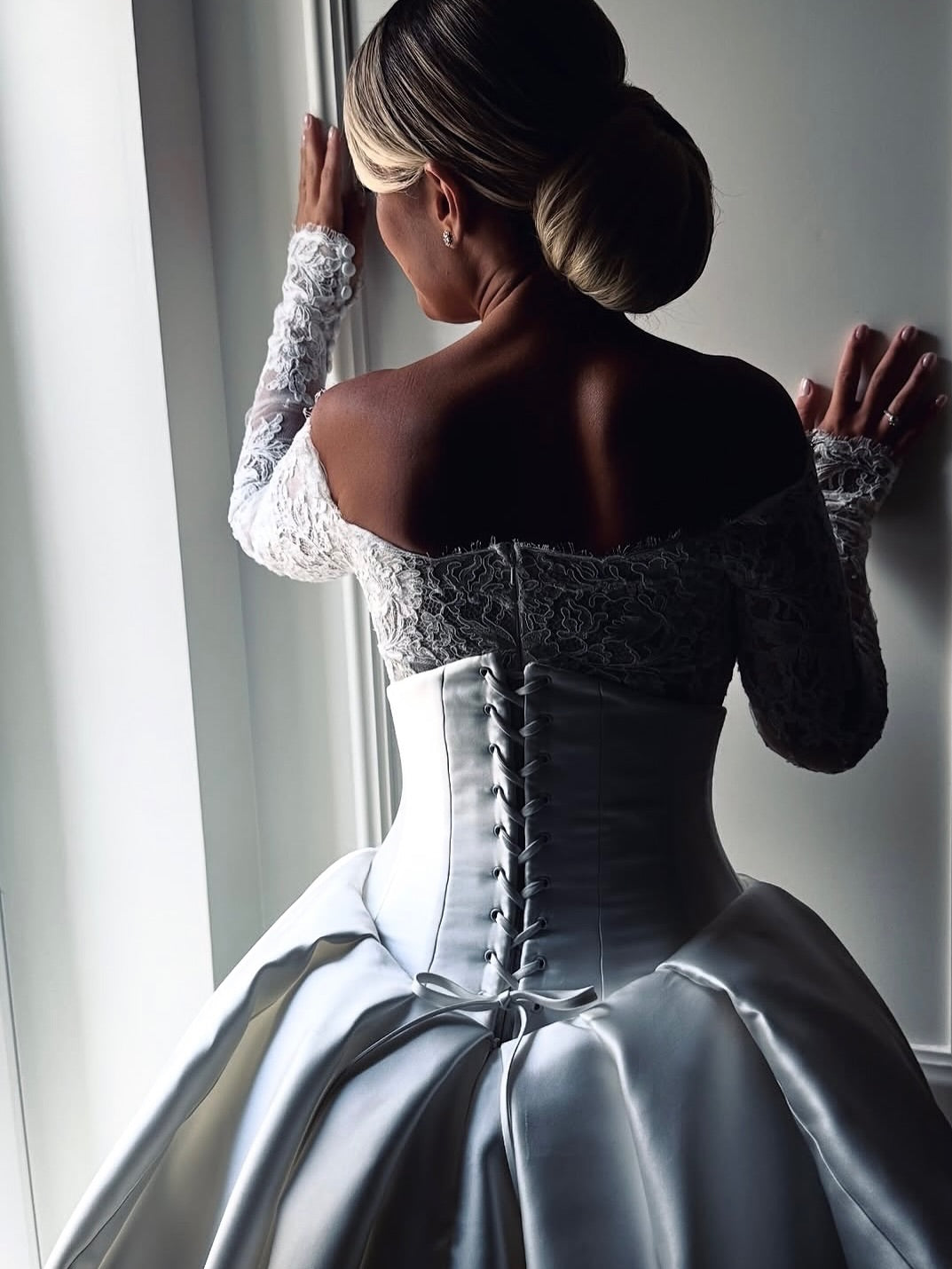 Off-the-Shoulder Lace Wedding Dress with Satin Overskirt
