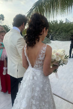 3D Floral Applique Plunging V-Neck Wedding Dress
