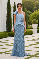 One-Shoulder Peplum Evening Gown with Slit