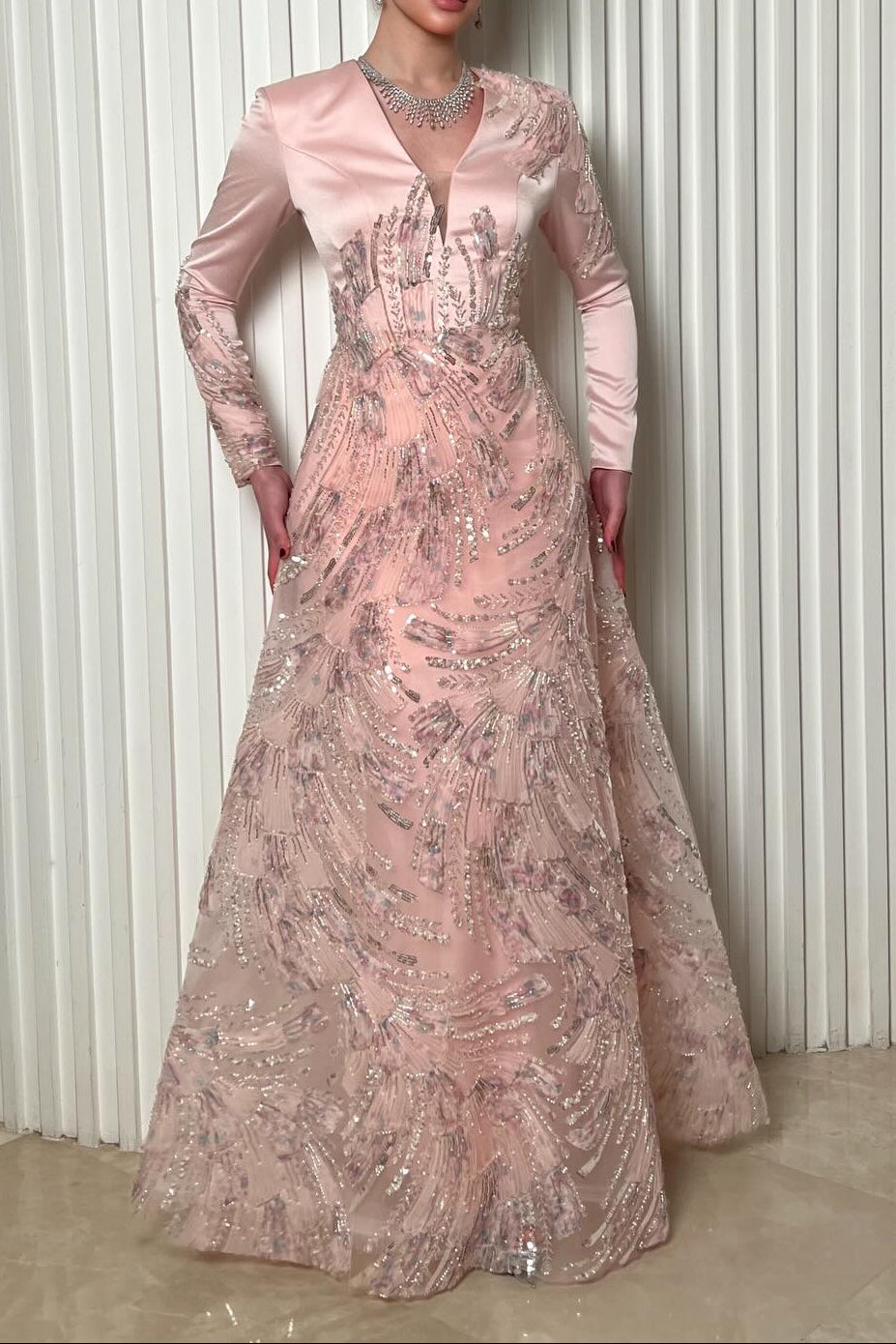 V-Neck Long Sleeve Sequin A-Line Gown