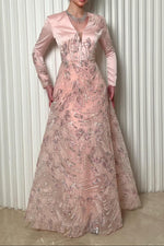 V-Neck Long Sleeve Sequin A-Line Gown