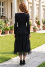 Tiered Tulle Midi Dress with Long Sleeves